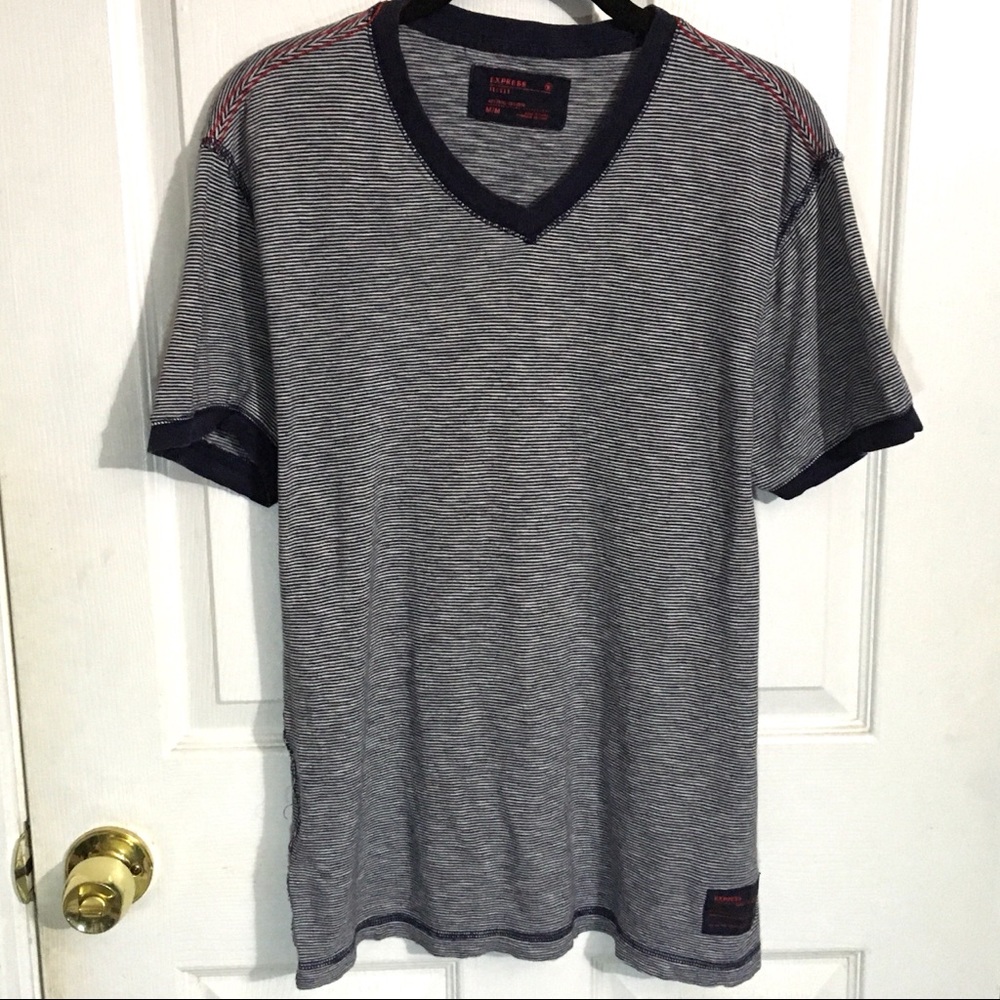 EXPRESS Blue White Striped V-Neck Cotton T-Shirt Raw Edge Jersey Tee-Mens M